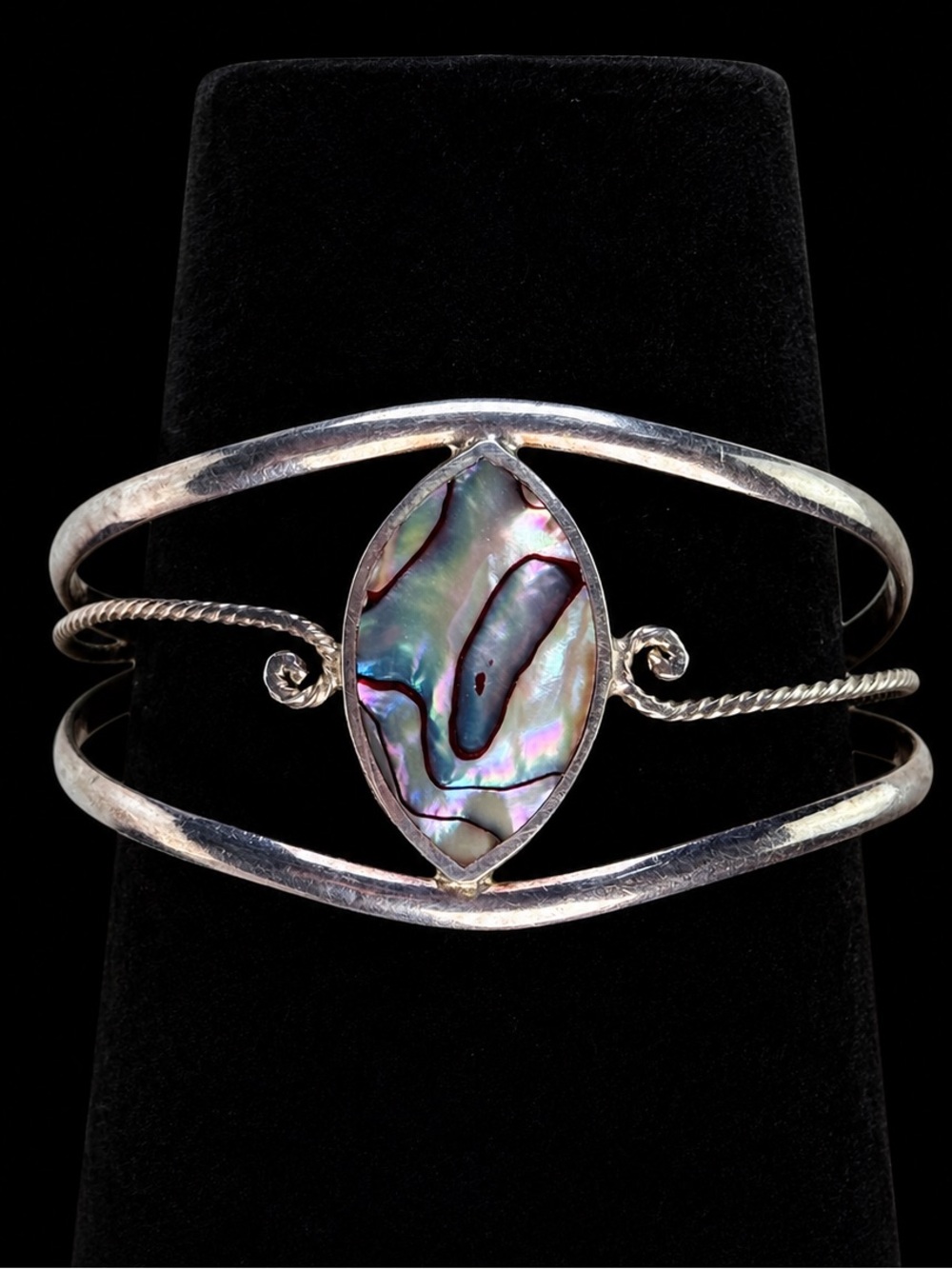 Vintage Alpaca Mexixo Abalone Shell Silver Cuff Bracelet